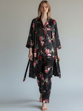 Black Satin Floral Three-Piece Pajama Set with Pink & Red Flowers size Sm